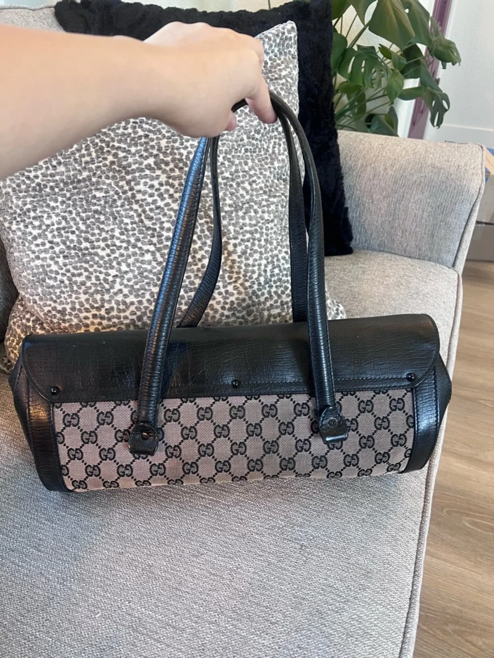 Gucci Vintage Bamboo Bullet Black GG Leather Canvas Bag - Picture 4 of 8